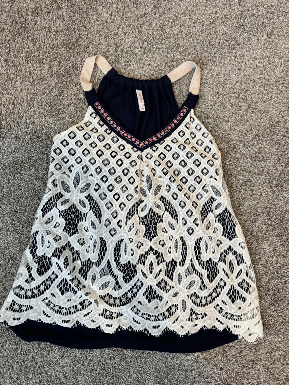 Navy Tank with Lace and Embroidered Trim